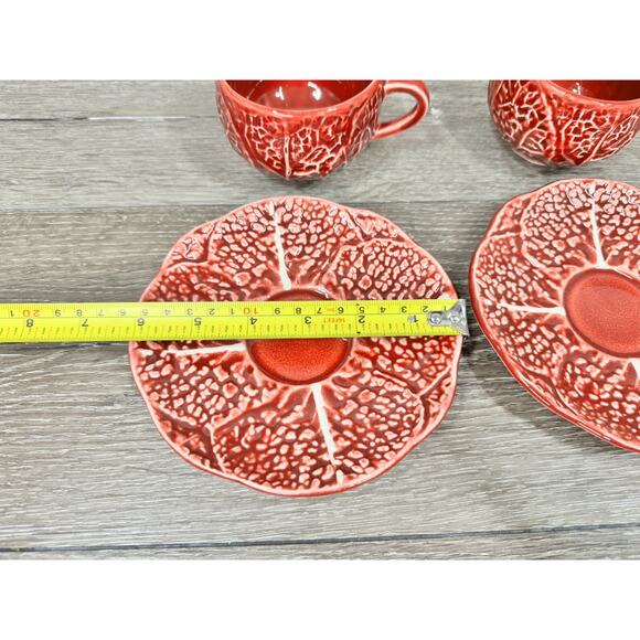 1950s Secla Majolica Portugal Secla Deep Red Cabbage Leaf Cup & Saucer Set Of 2 - Picture 5 of 11